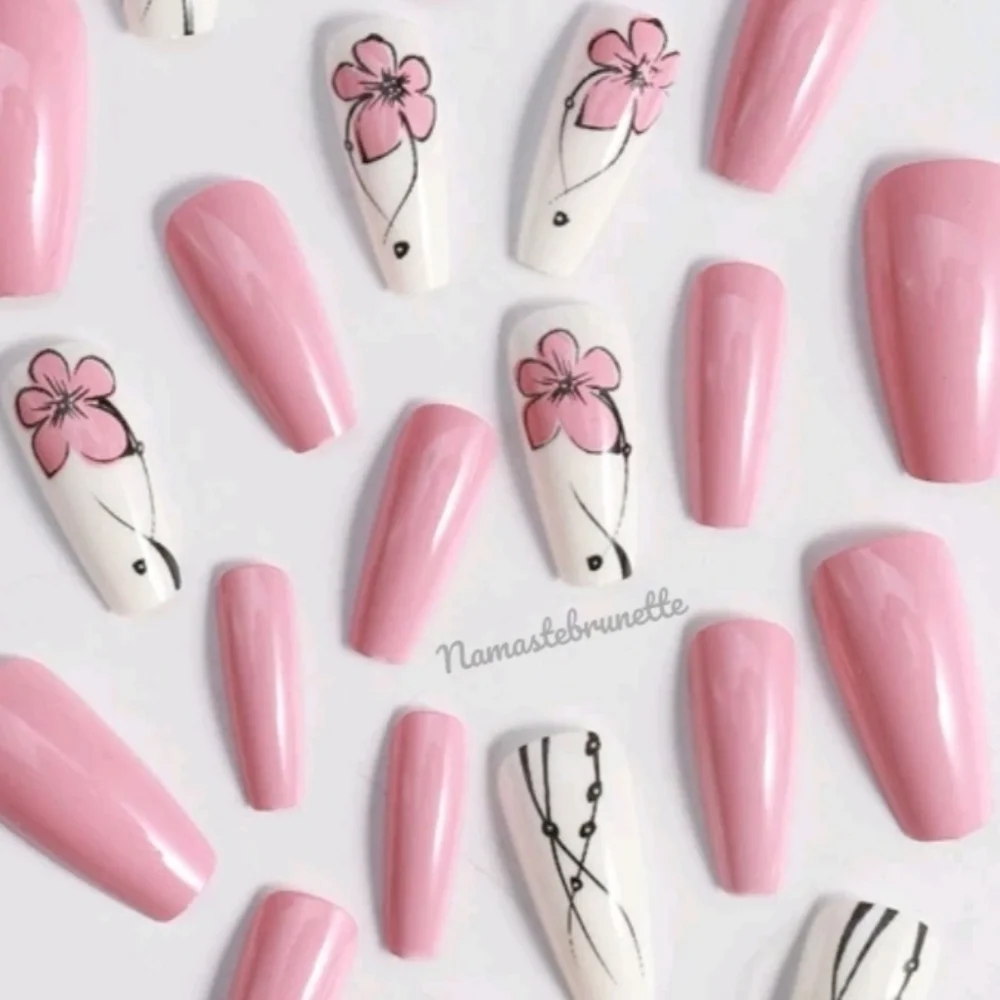 2/$16 Pink Floral Coffin Press On Nails